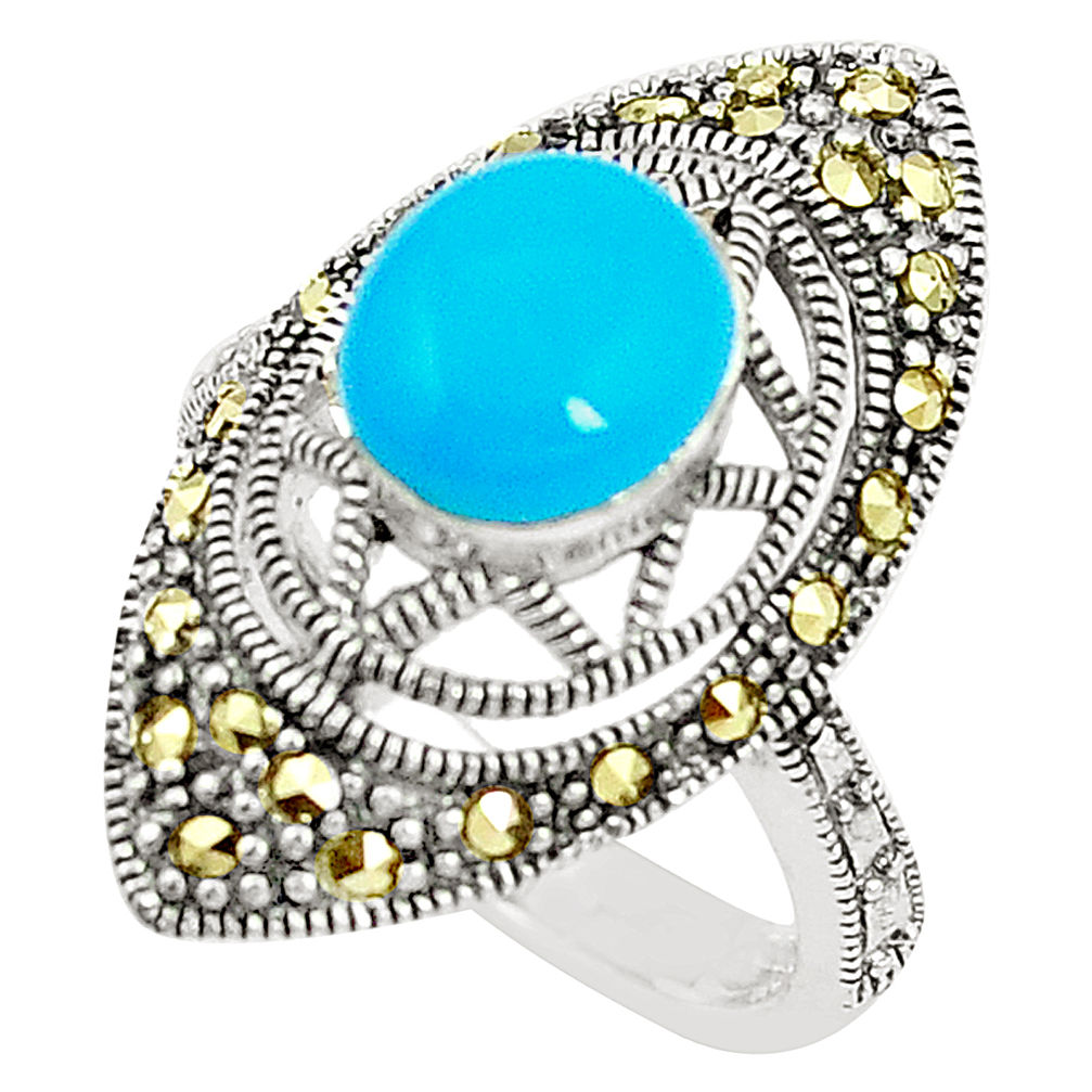 Blue sleeping beauty turquoise marcasite 925 silver ring size 6.5 c17403