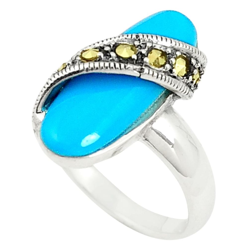 Blue sleeping beauty turquoise marcasite 925 silver ring size 6.5 c17457