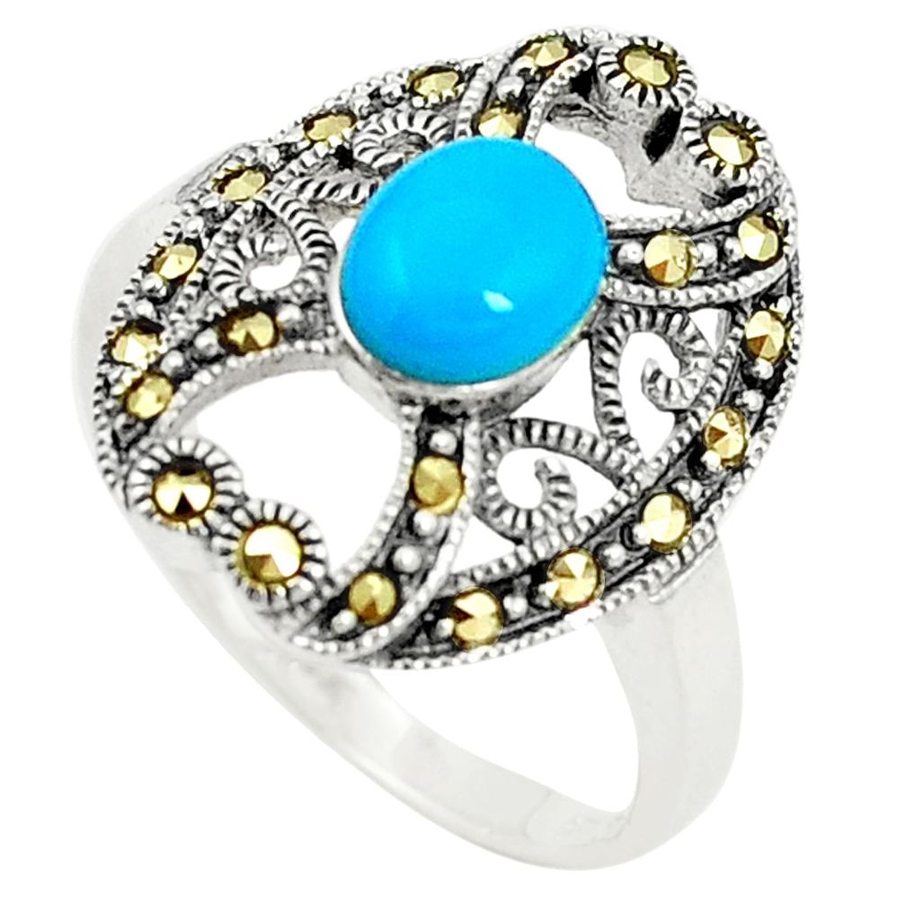 Blue sleeping beauty turquoise marcasite 925 silver ring size 7.5 c17351