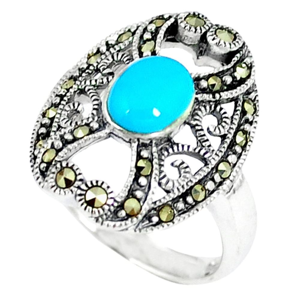 Blue sleeping beauty turquoise marcasite 925 silver ring size 6.5 c17354