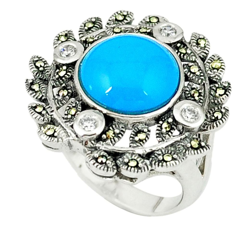 5.93cts blue sleeping beauty turquoise marcasite 925 silver ring size 7.5 c19878