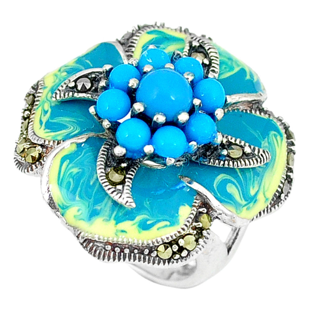 Blue sleeping beauty turquoise marcasite 925 silver ring size 5.5 c21513