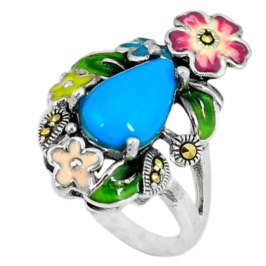 Blue sleeping beauty turquoise marcasite 925 silver ring size 5.5 c21517