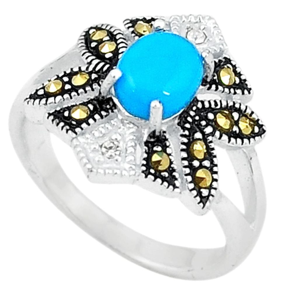 Blue sleeping beauty turquoise marcasite 925 silver ring size 6.5 c22082