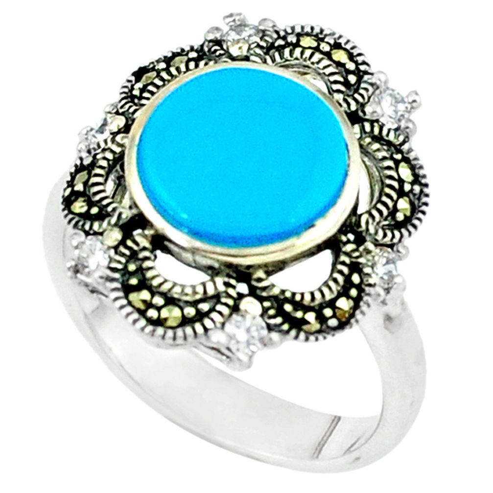 LAB 4.38cts blue sleeping beauty turquoise marcasite 925 silver ring size 7.5 c22905