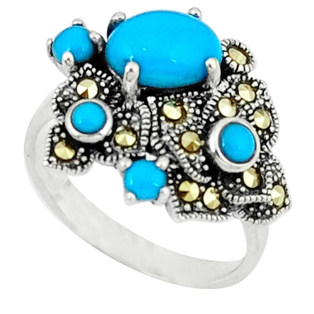 2.55cts blue sleeping beauty turquoise marcasite 925 silver ring size 6.5 c22919