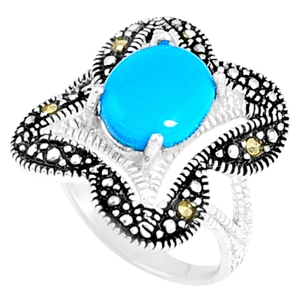 4.22cts blue sleeping beauty turquoise marcasite 925 silver ring size 5.5 c23639