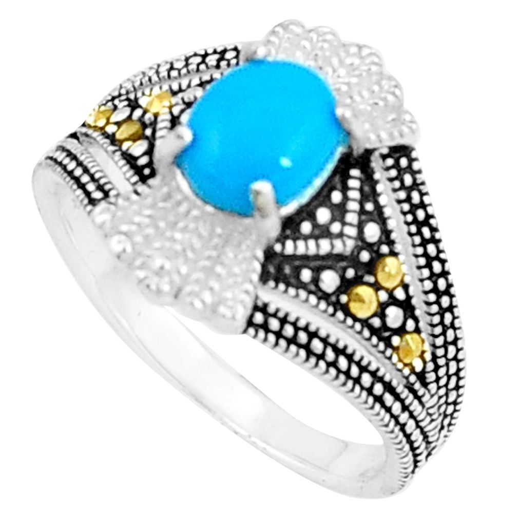 2.01cts blue sleeping beauty turquoise marcasite 925 silver ring size 7.5 c23659