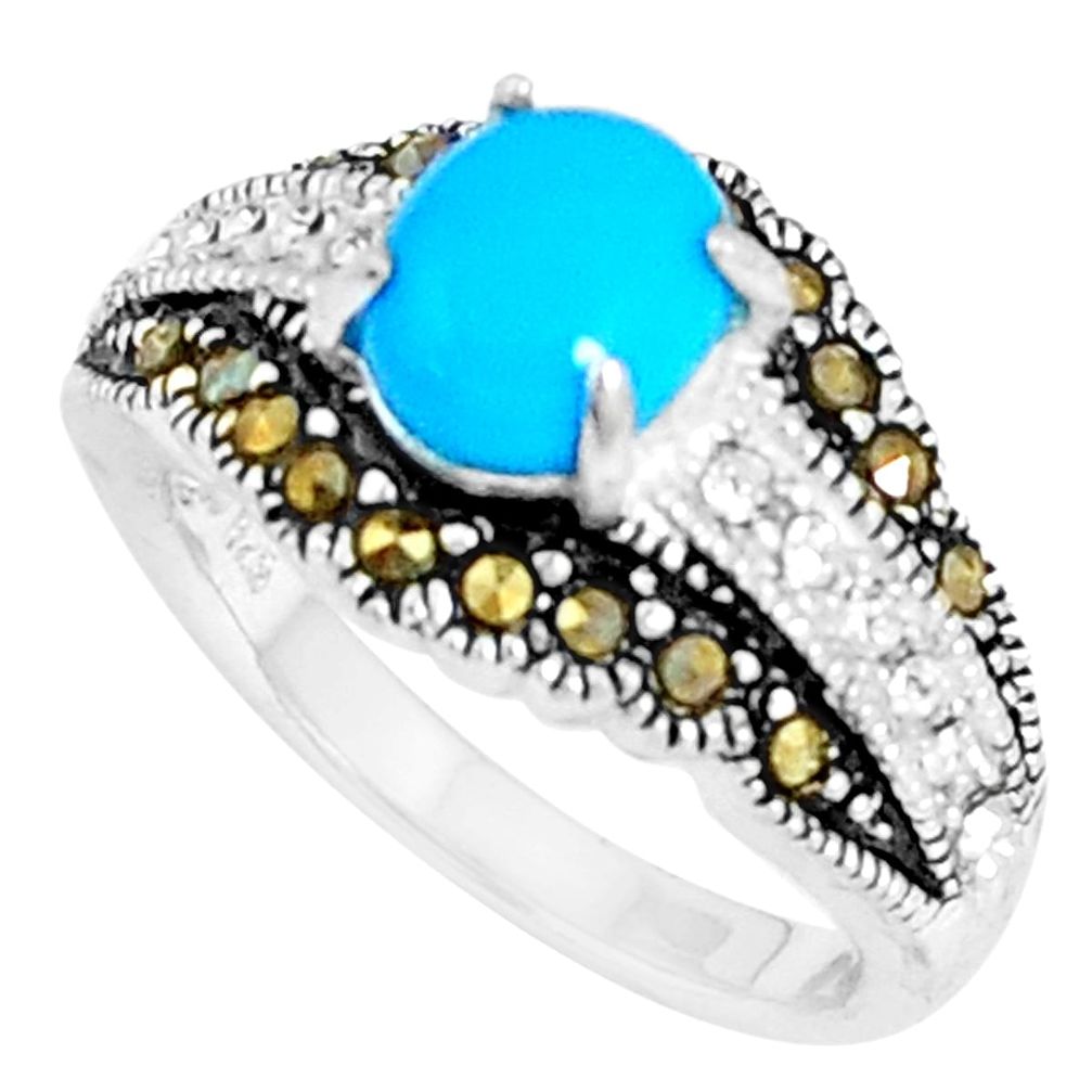 2.85cts blue sleeping beauty turquoise marcasite 925 silver ring size 5.5 c23678