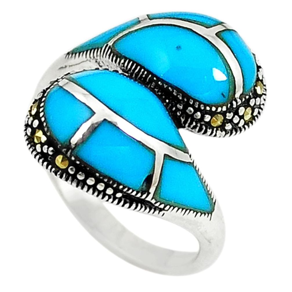 Blue sleeping beauty turquoise marcasite 925 silver ring size 6.5 c26141
