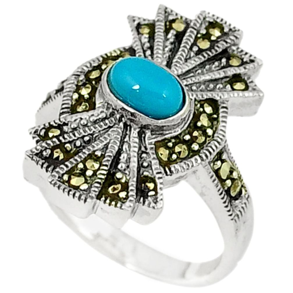 Blue sleeping beauty turquoise marcasite 925 silver ring jewelry size 6.5 c22970