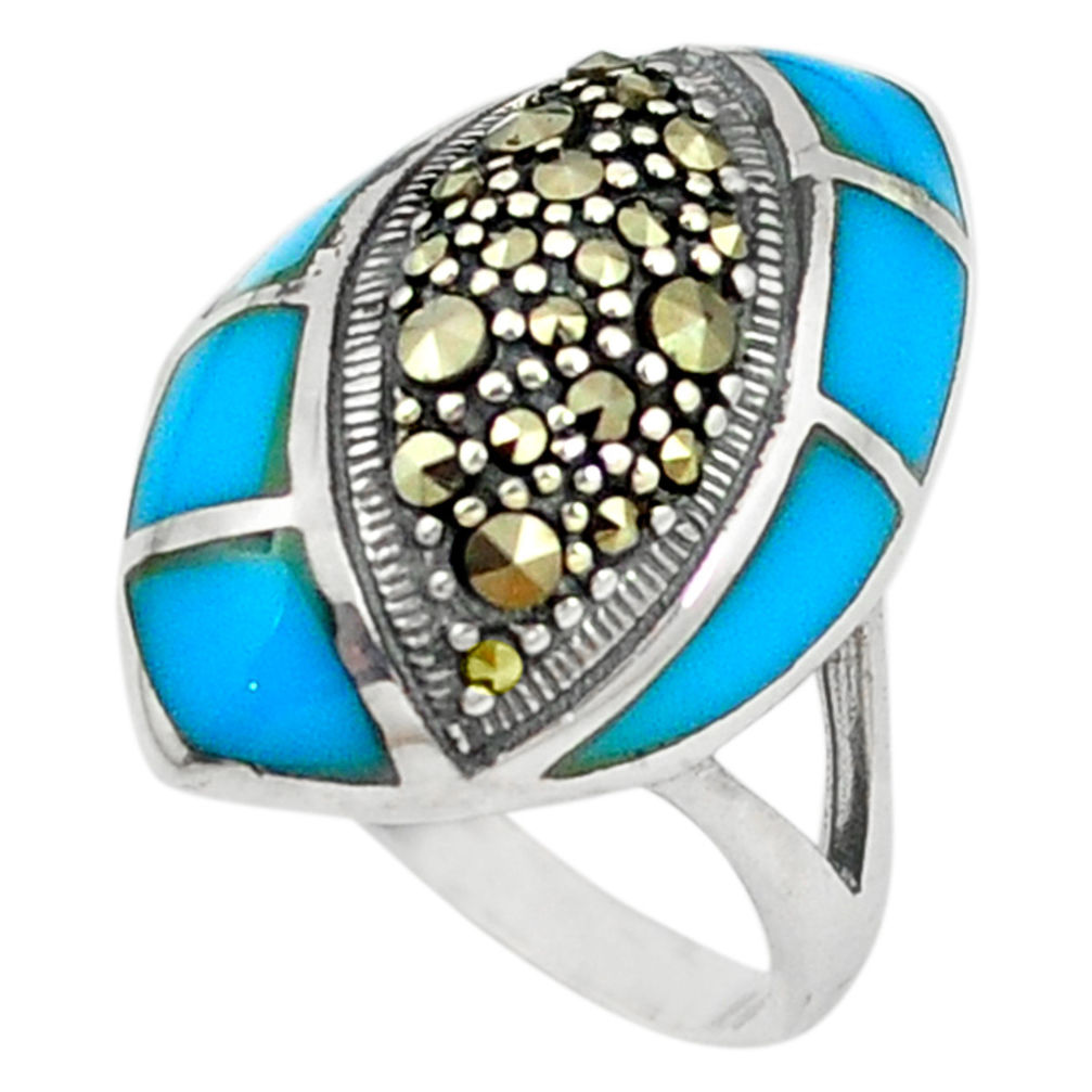 Blue sleeping beauty turquoise marcasite 925 silver ring jewelry size 7 c22915