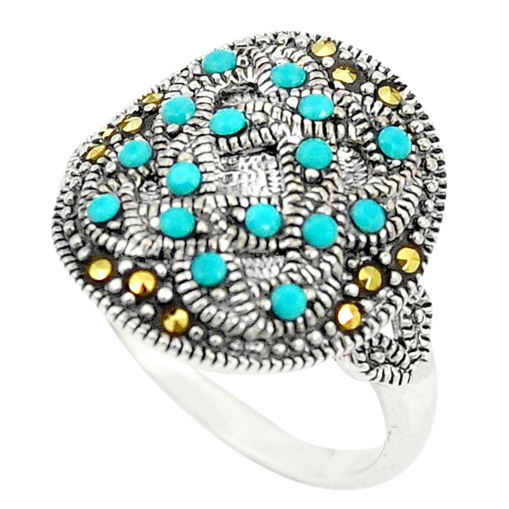 Blue sleeping beauty turquoise marcasite 925 silver ring size 6 c20784