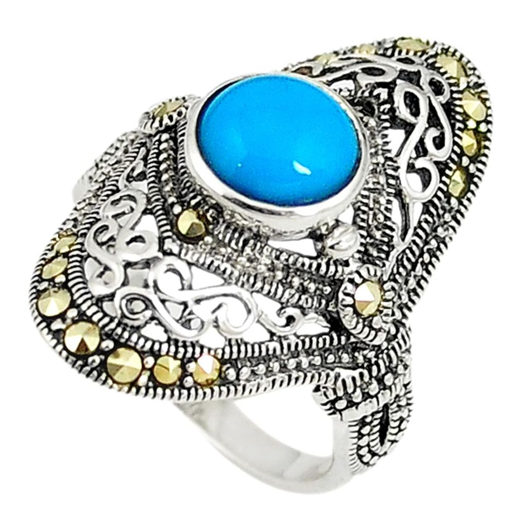 Blue sleeping beauty turquoise marcasite 925 silver ring size 6 c22356