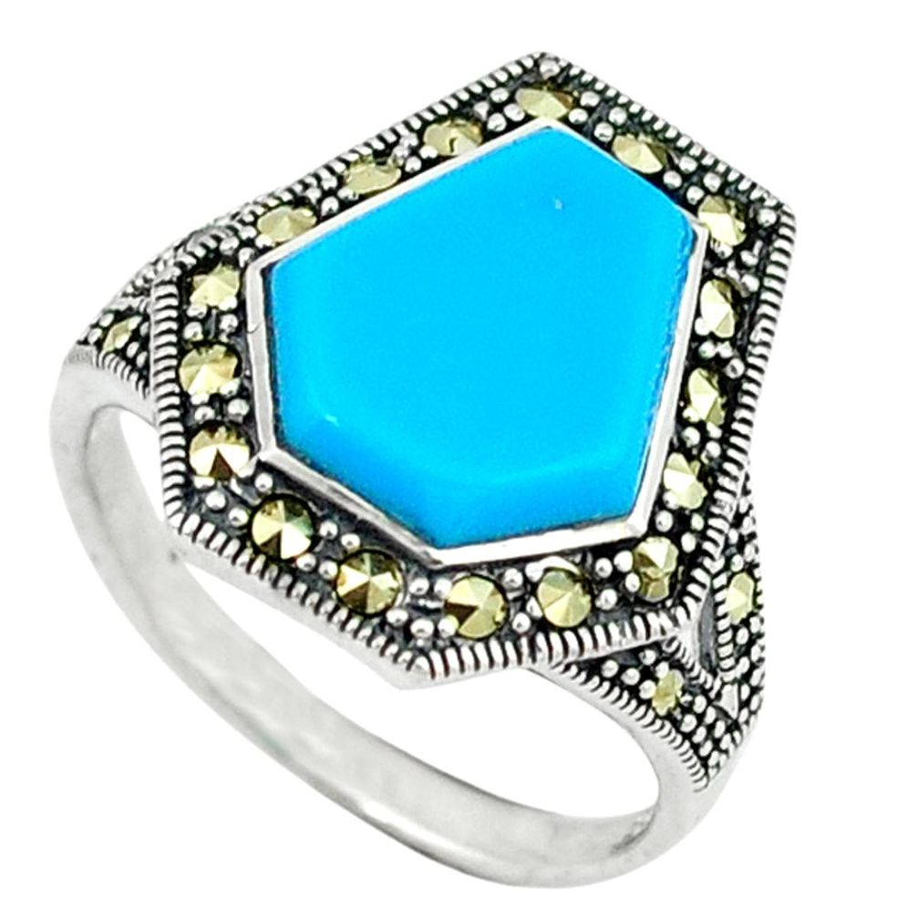Blue sleeping beauty turquoise marcasite 925 silver ring jewelry size 7 c17479