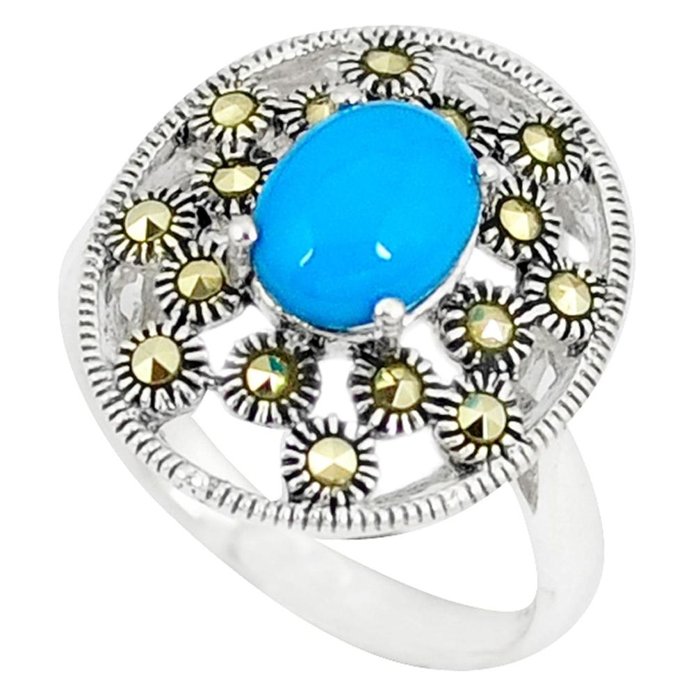 Blue sleeping beauty turquoise marcasite 925 silver ring size 7 c17422