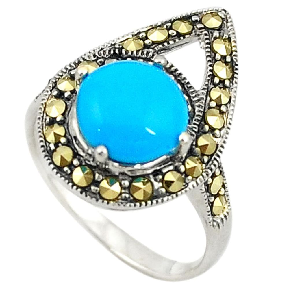 Blue sleeping beauty turquoise marcasite 925 silver ring size 7 c22066