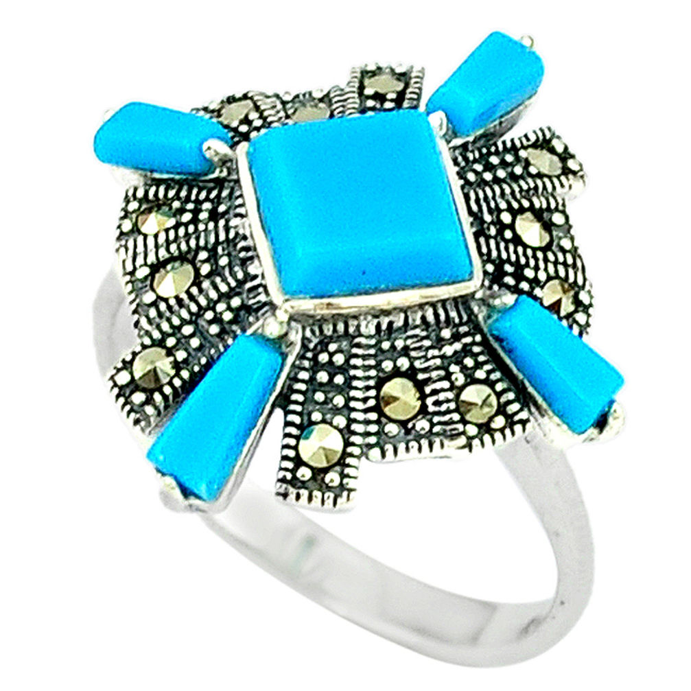 5.06cts blue sleeping beauty turquoise marcasite 925 silver ring size 7 c22902