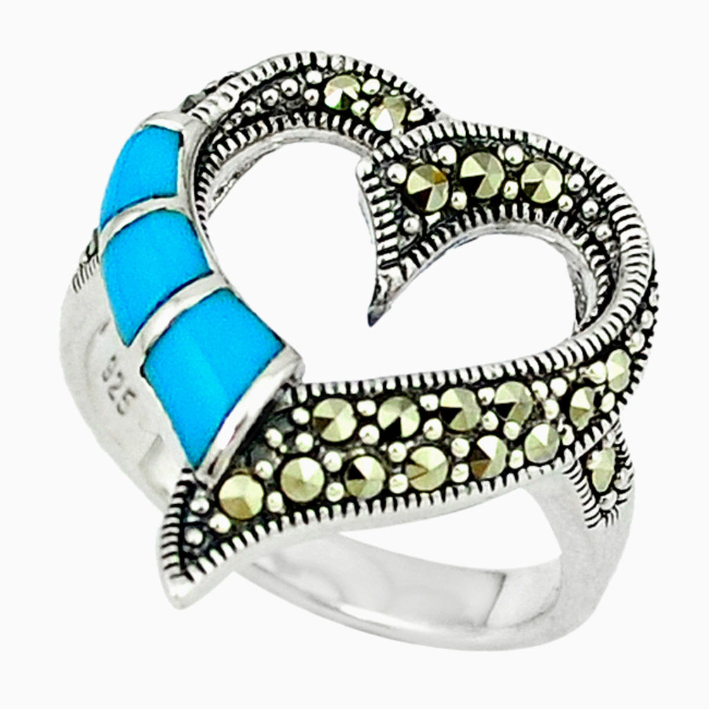 2.19cts blue sleeping beauty turquoise marcasite 925 silver ring size 8 c22917