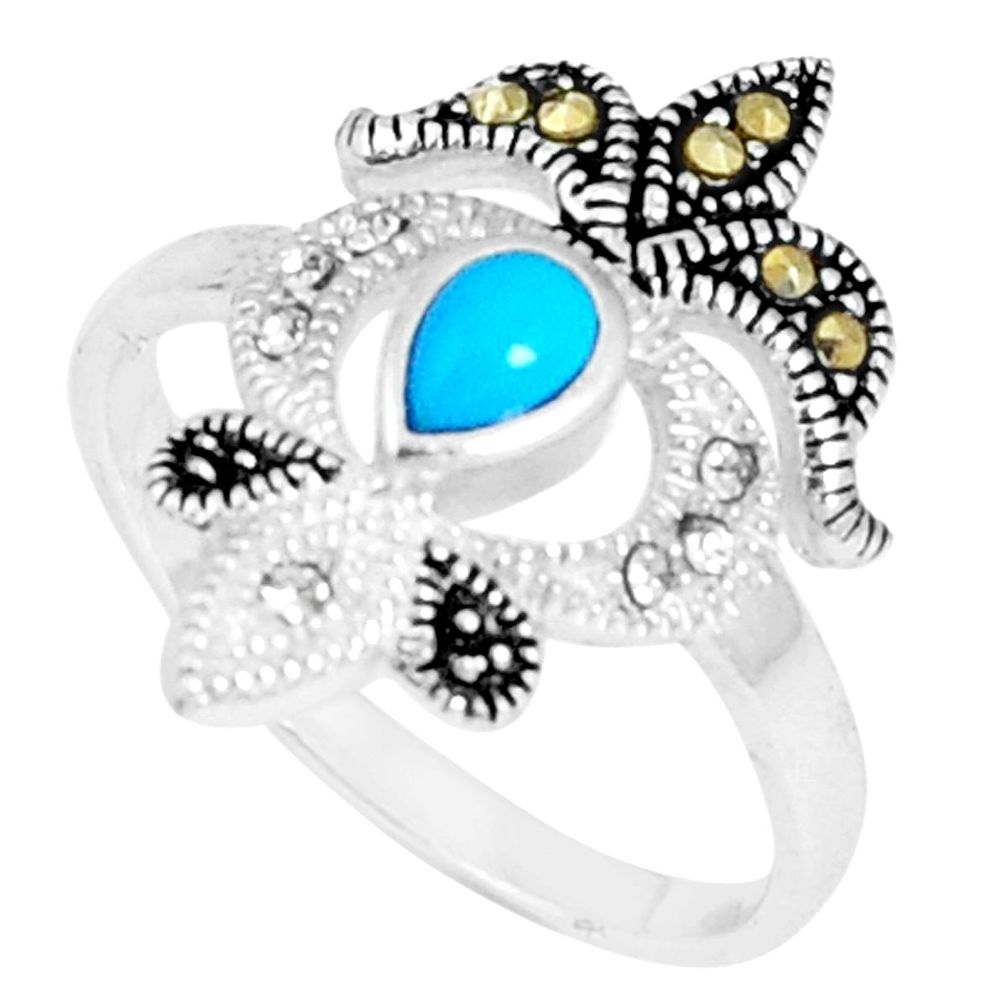1.28cts blue sleeping beauty turquoise marcasite 925 silver ring size 8 c23622