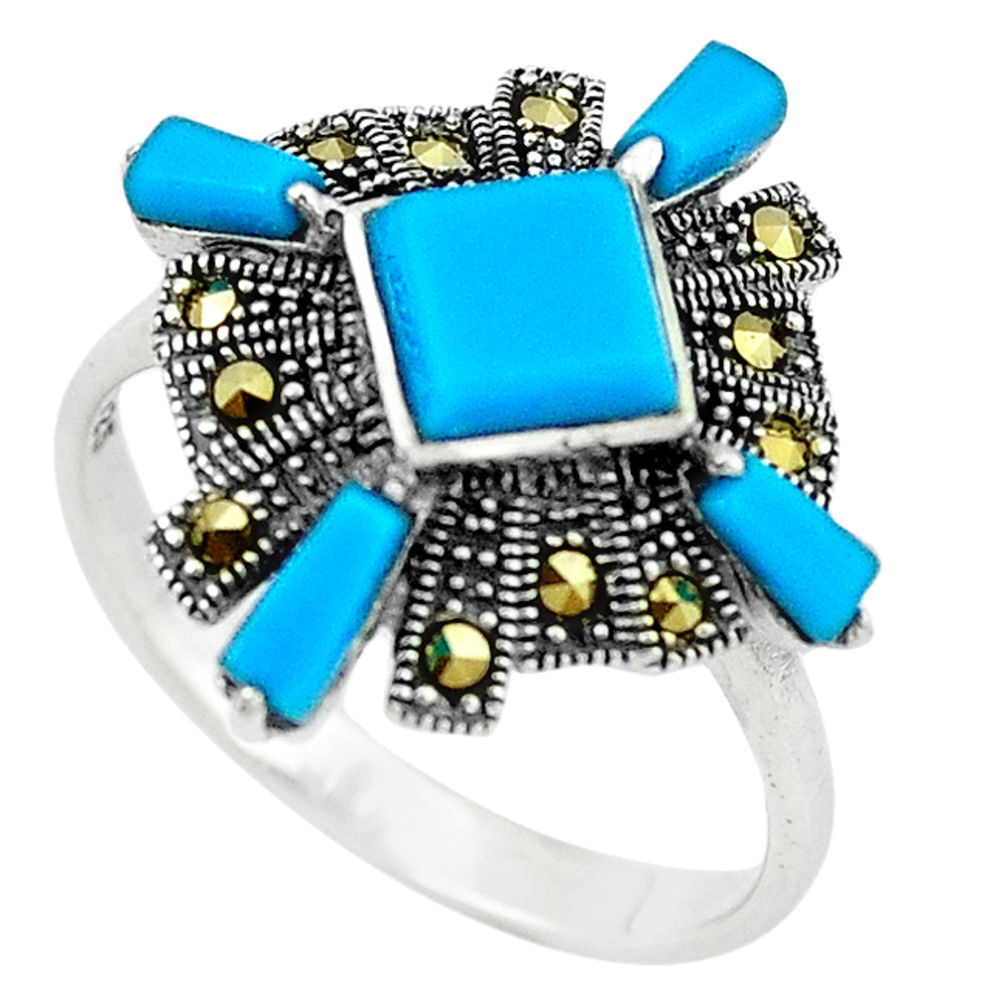 Blue sleeping beauty turquoise marcasite 925 silver ring size 9 c22901