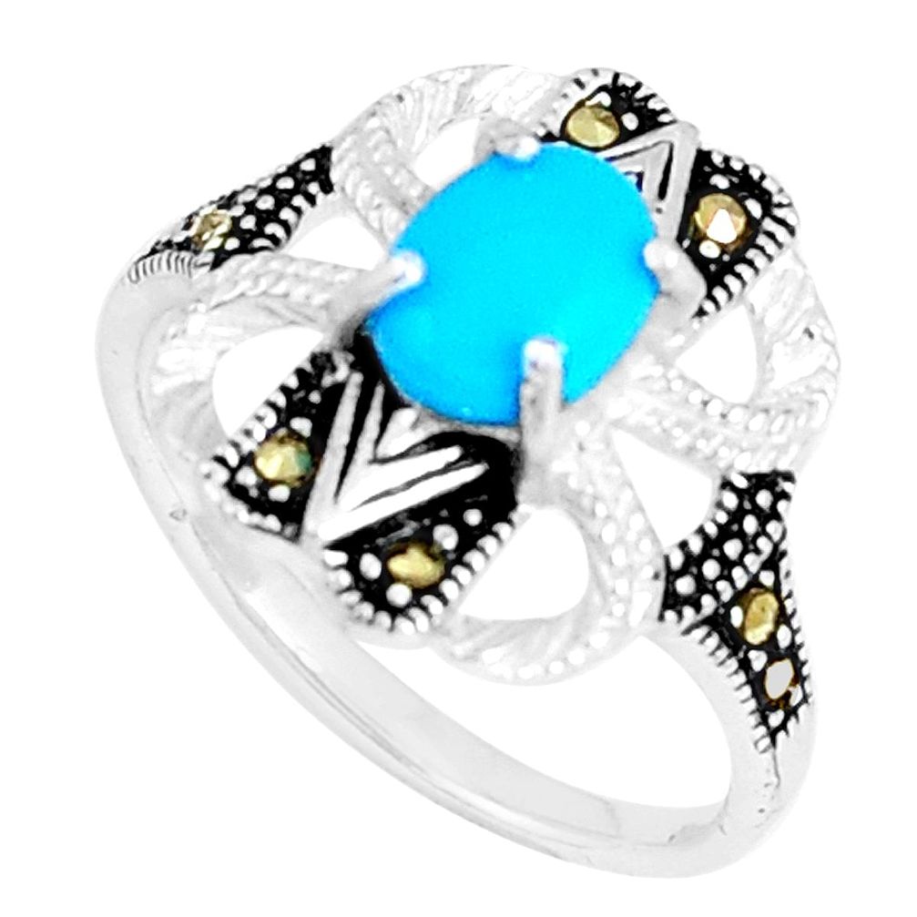 2.13cts blue sleeping beauty turquoise marcasite 925 silver ring size 9 c23677