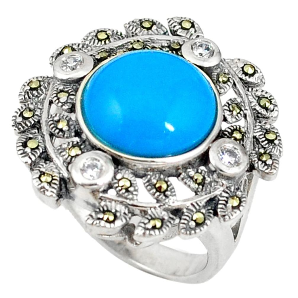 Blue sleeping beauty turquoise marcasite 925 sterling silver ring size 7 c22909