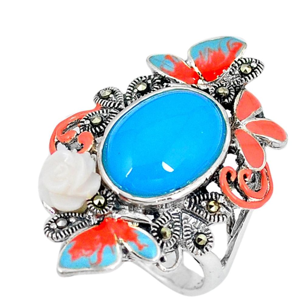 Blue sleeping beauty turquoise marcasite enamel 925 silver ring size 6.5 c21511