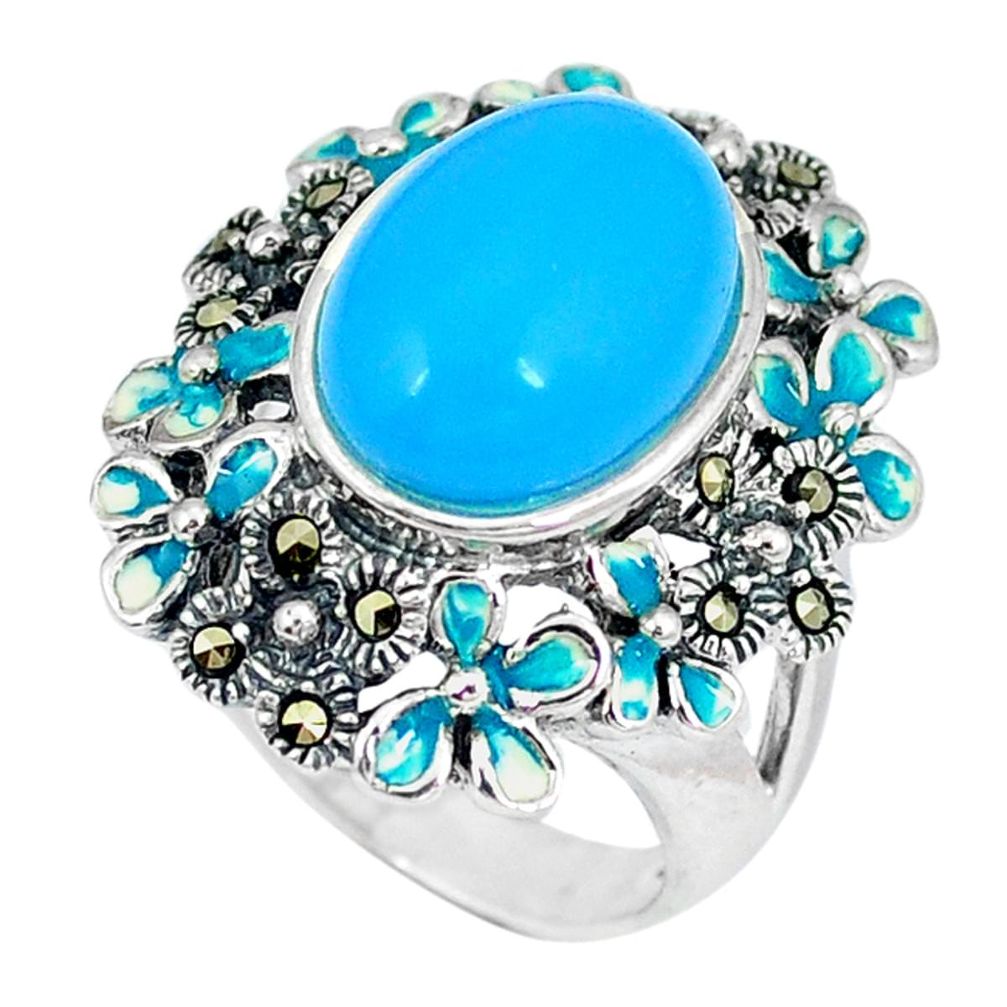 Blue sleeping beauty turquoise marcasite enamel 925 silver ring size 5.5 c21514