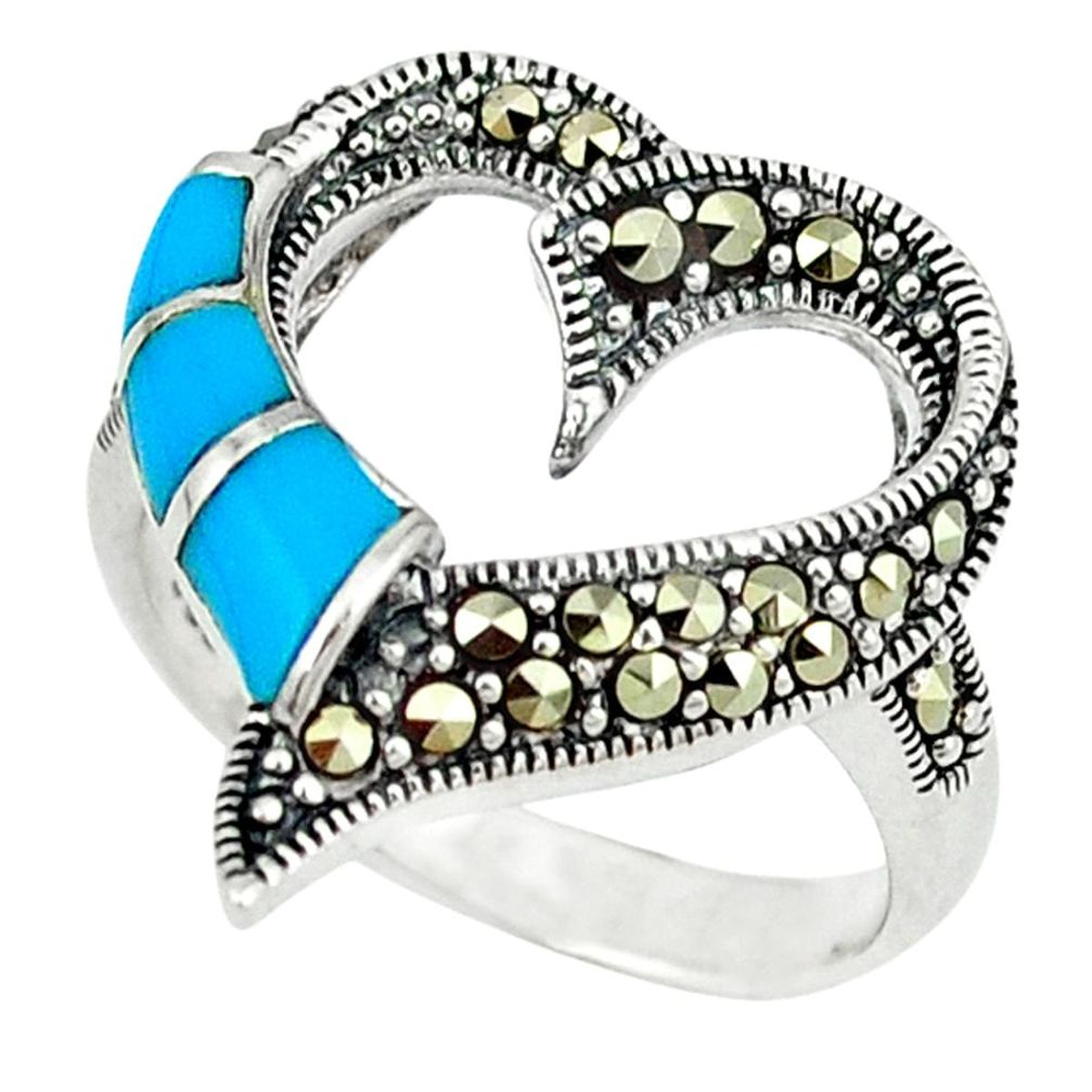 Blue sleeping beauty turquoise marcasite 925 silver heart ring size 7 c16371