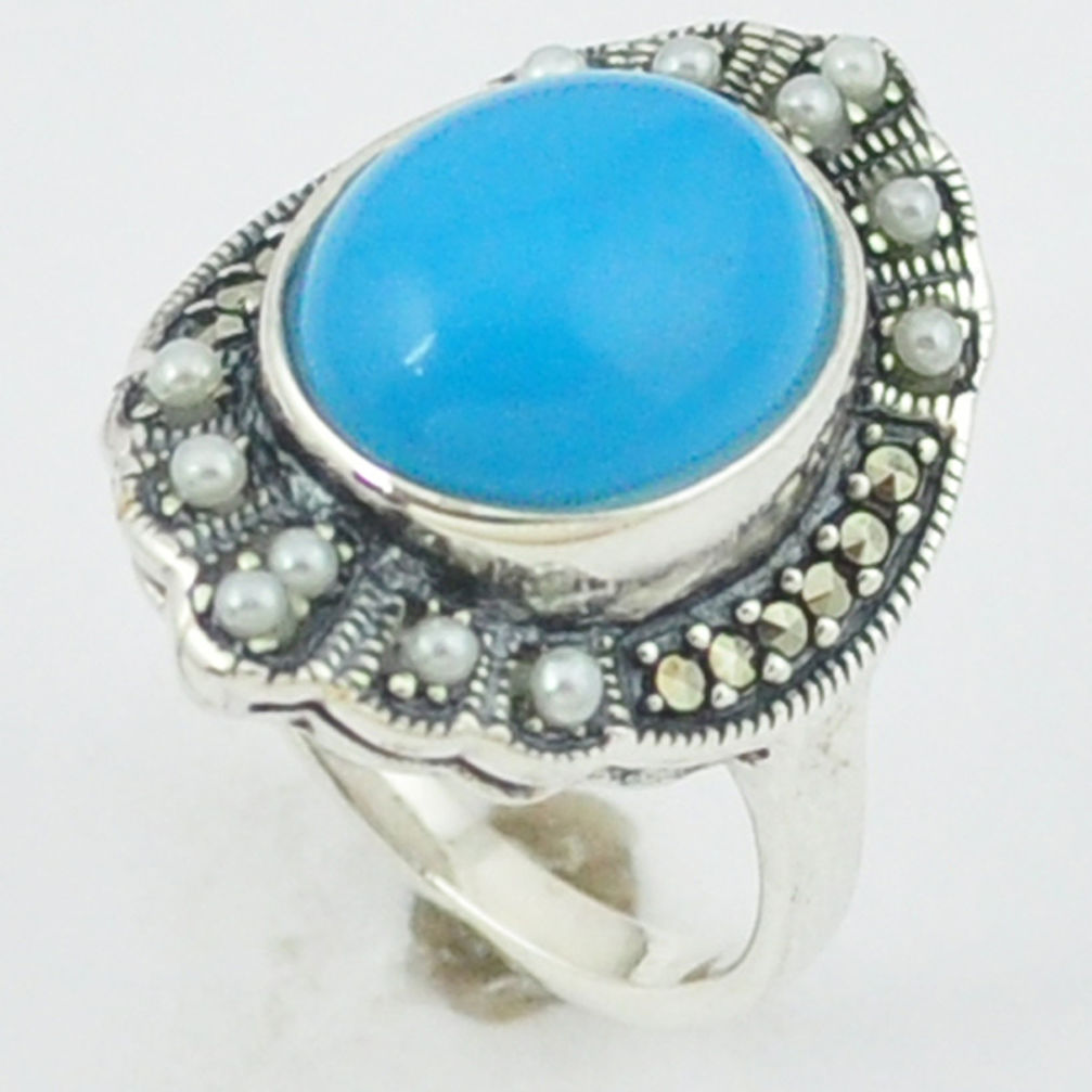 Blue sleeping beauty turquoise pearl 925 silver ring jewelry size 6.5 c18721