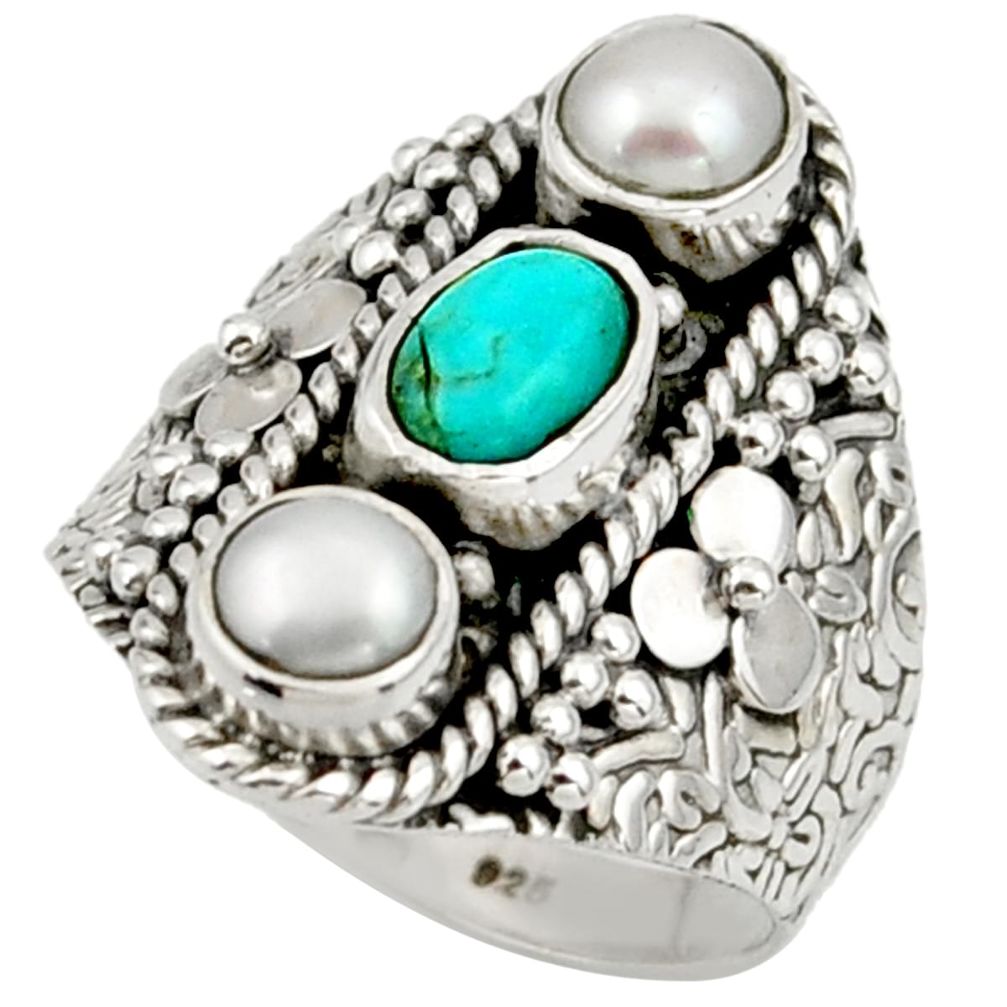 3.52cts blue sleeping beauty turquoise pearl 925 silver ring size 7.5 r42722