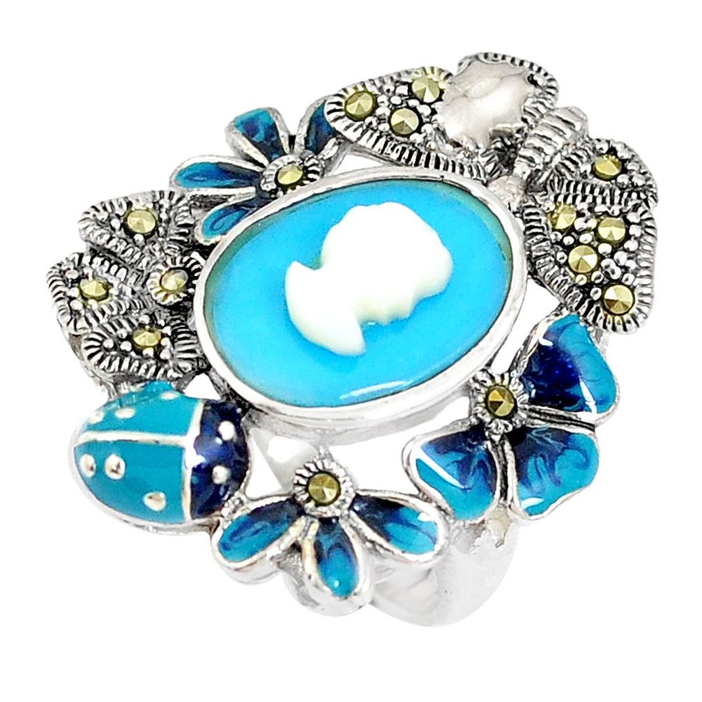 Blue sleeping beauty turquoise pearl lady face 925 silver ring size 5.5 c21407