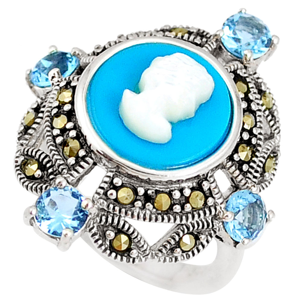 LAB Blue sleeping beauty turquoise topaz lady face 925 silver ring size 6 c21410