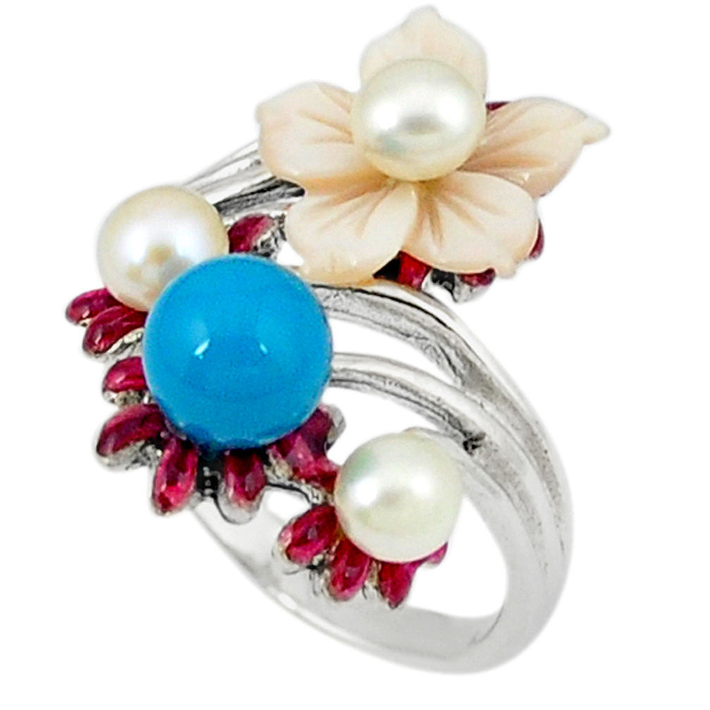 Blue sleeping beauty turquoise white pearl 925 silver ring size 6.5 c18640
