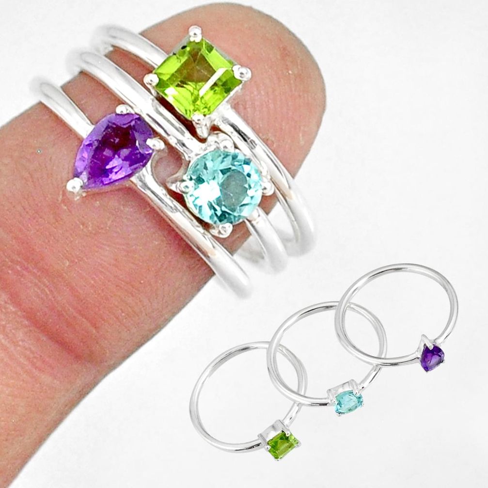 2.98cts blue topaz peridot amethyst 925 silver stackable ring size 6.5 r79856