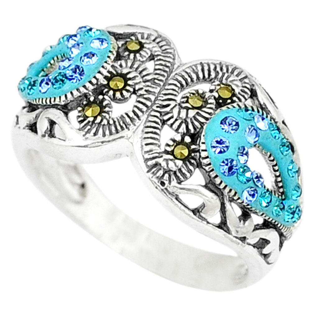 LAB Blue topaz quartz marcasite enamel 925 silver ring jewelry size 6.5 c16115