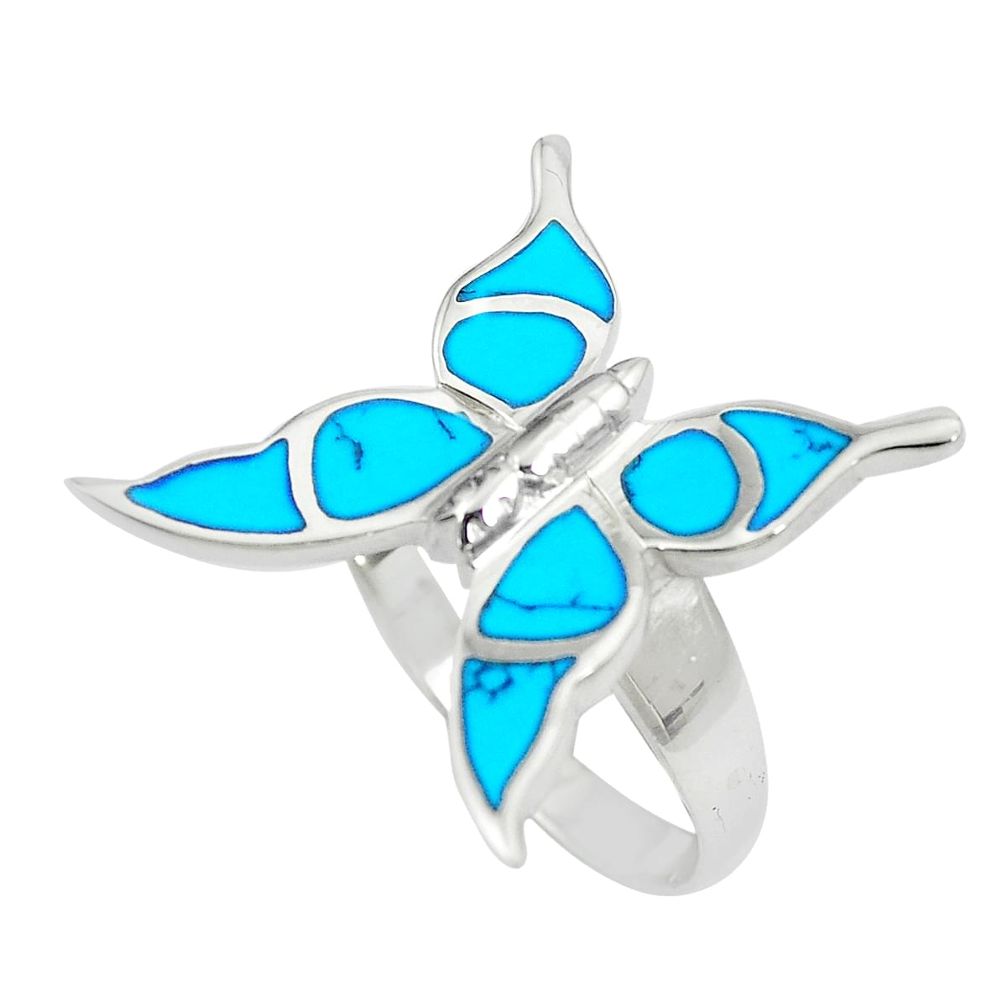 5.26gms blue turquoise enamel 925 silver butterfly ring size 8 a88513 c13515
