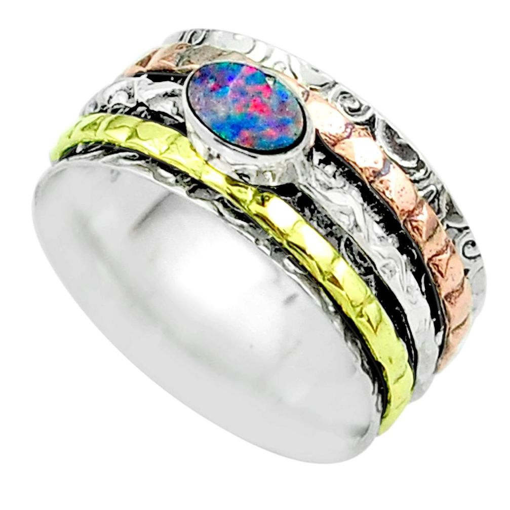 Brown doublet opal australian silver two tone spinner band ring size 8.5 t51674