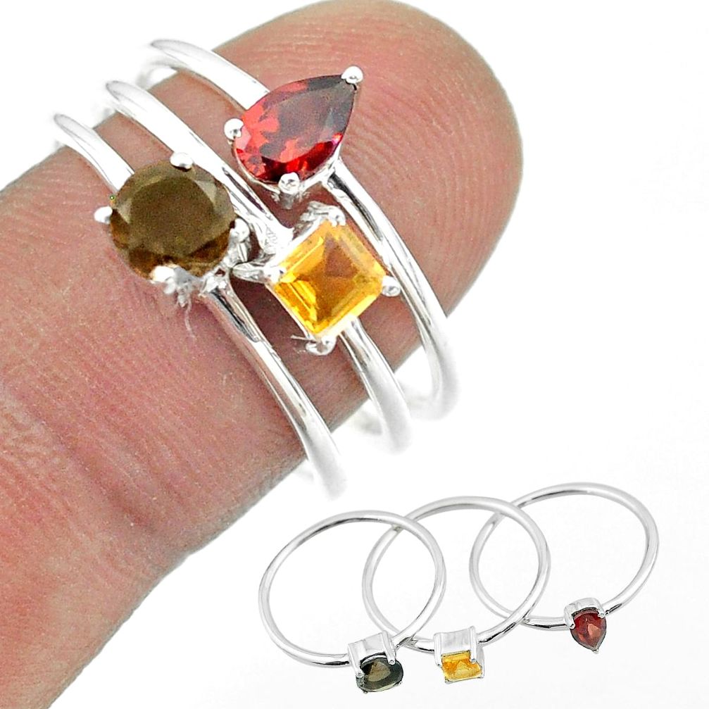 2.98cts brown smoky topaz citrine red garnet 925 silver 3 rings size 8 t51017