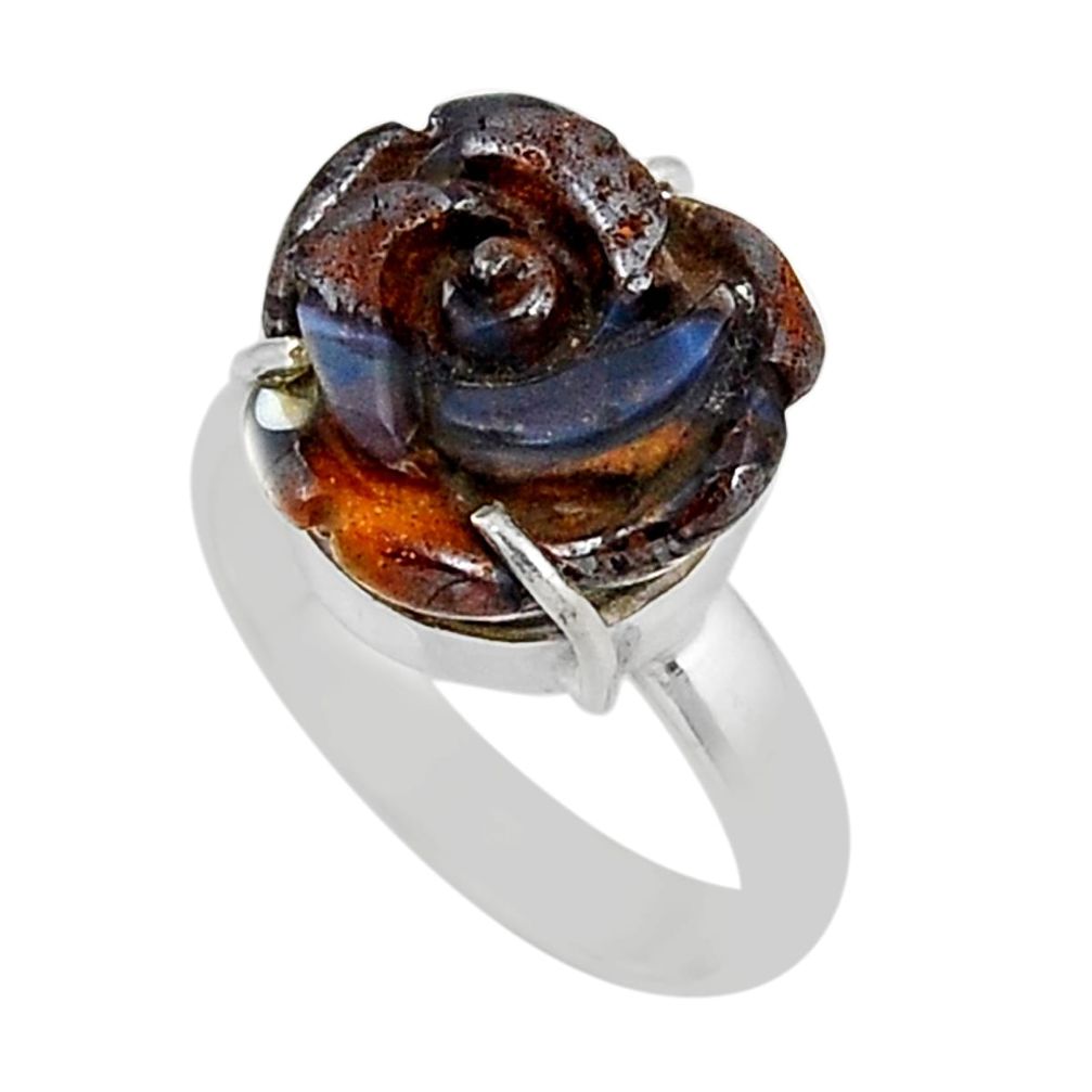9.55cts carving flower natural brown boulder opal silver ring size 7.5 y46735