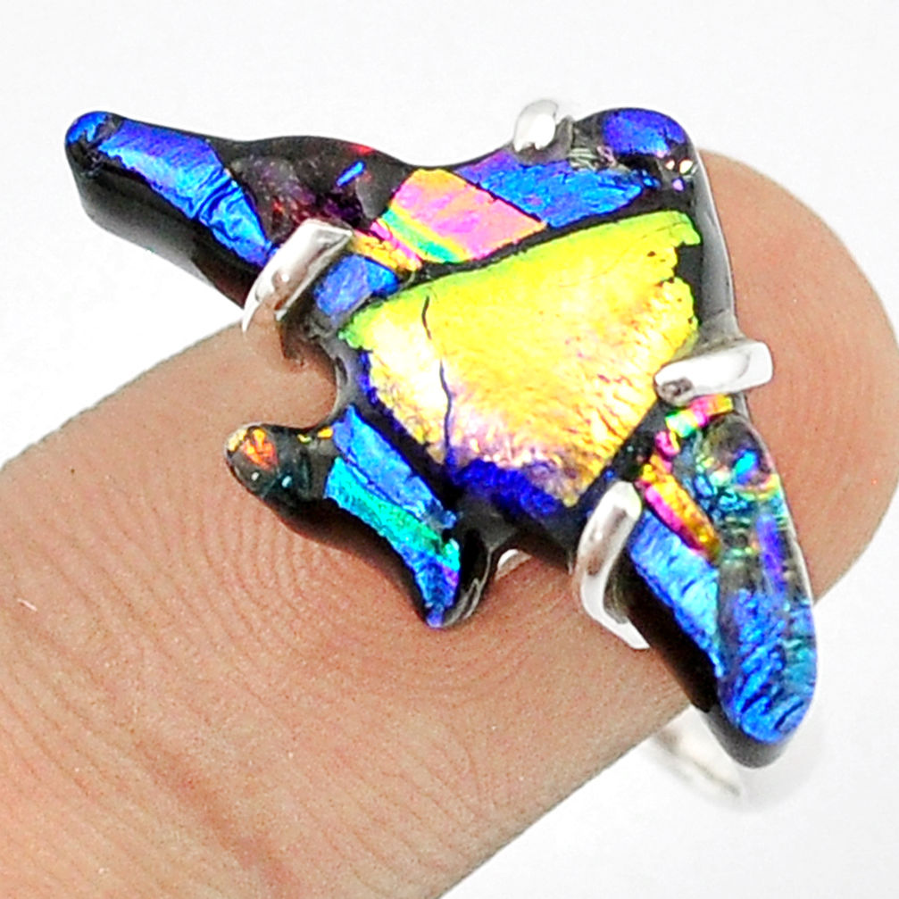 12.19cts carving multi color dichroic glass 925 silver fish ring size 9 u28871
