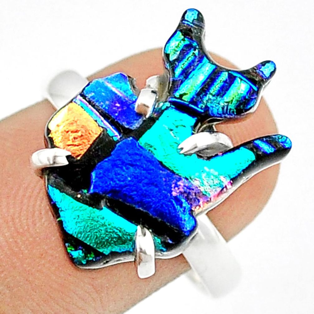 11.57cts carving multi color dichroic glass 925 silver fish ring size 8.5 u28841