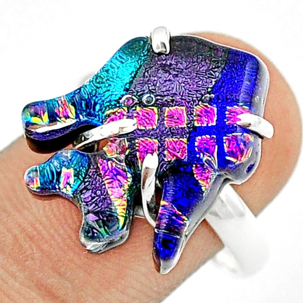 12.86cts carving multi color dichroic glass 925 silver fish ring size 8.5 u28854