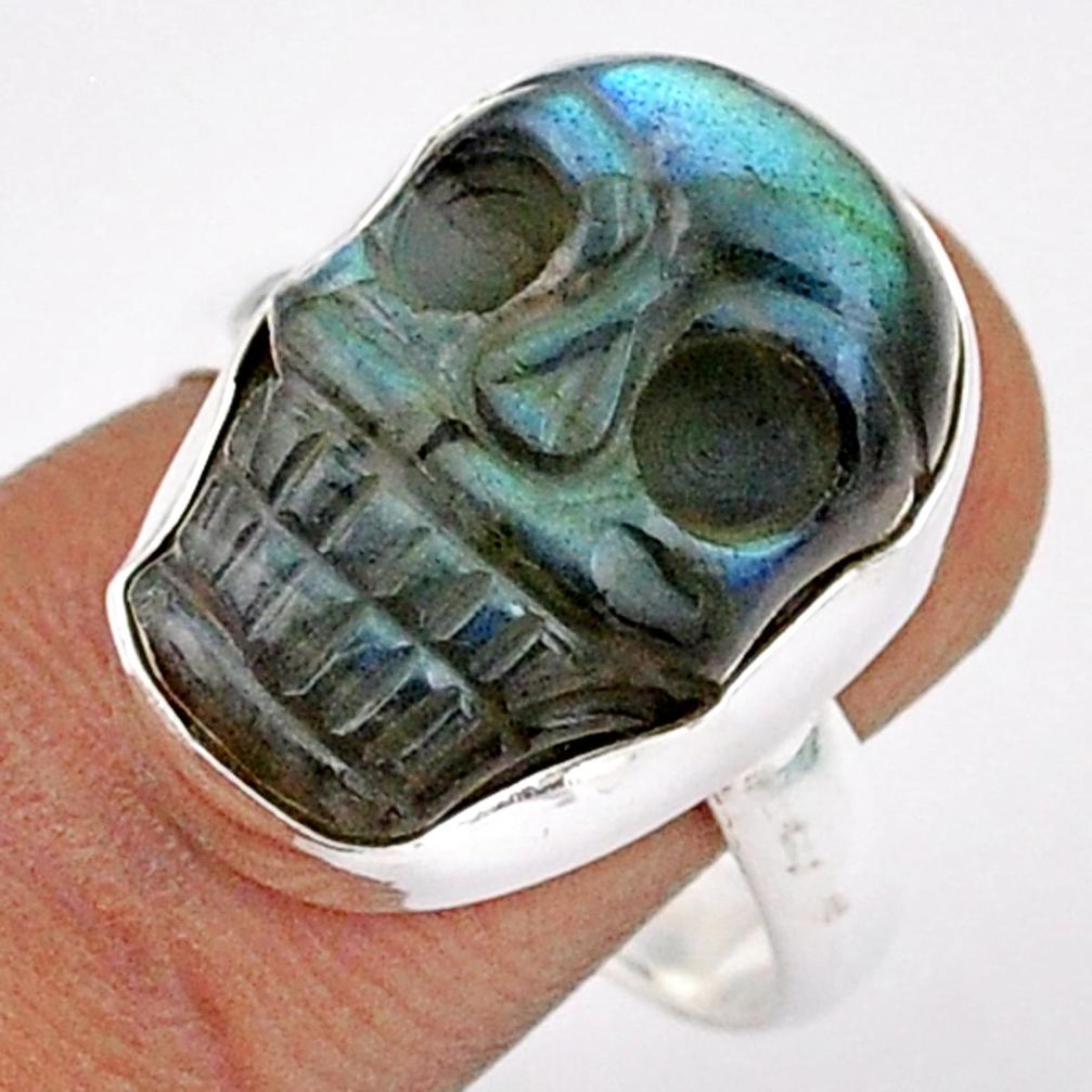 14.40cts carving natural blue labradorite 925 silver skull ring size 8.5 t90488