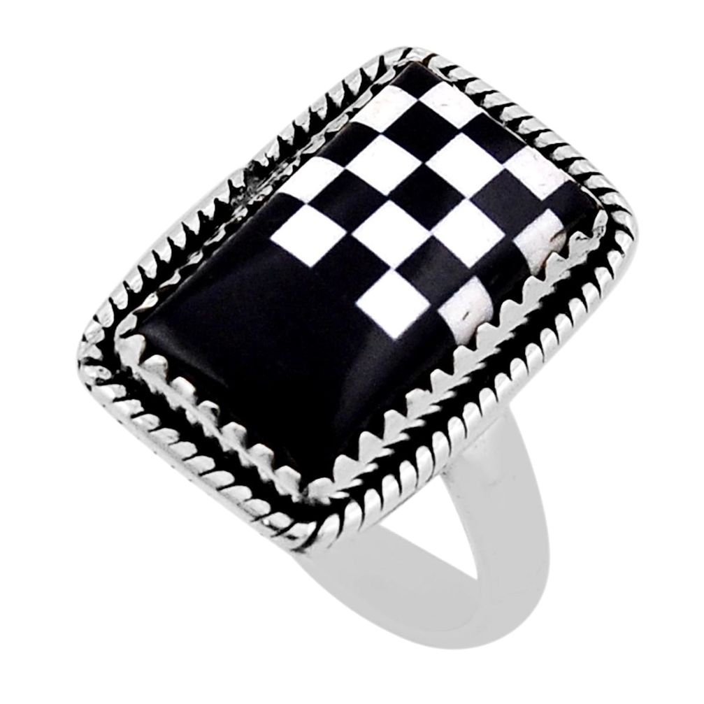 6.22cts checker black white strip opal 925 sterling silver ring size 7 n39358
