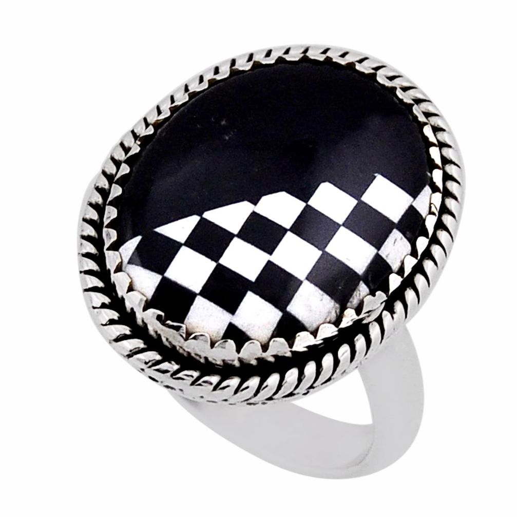 7.72cts checker black white strip opal oval sterling silver ring size 8 n39379