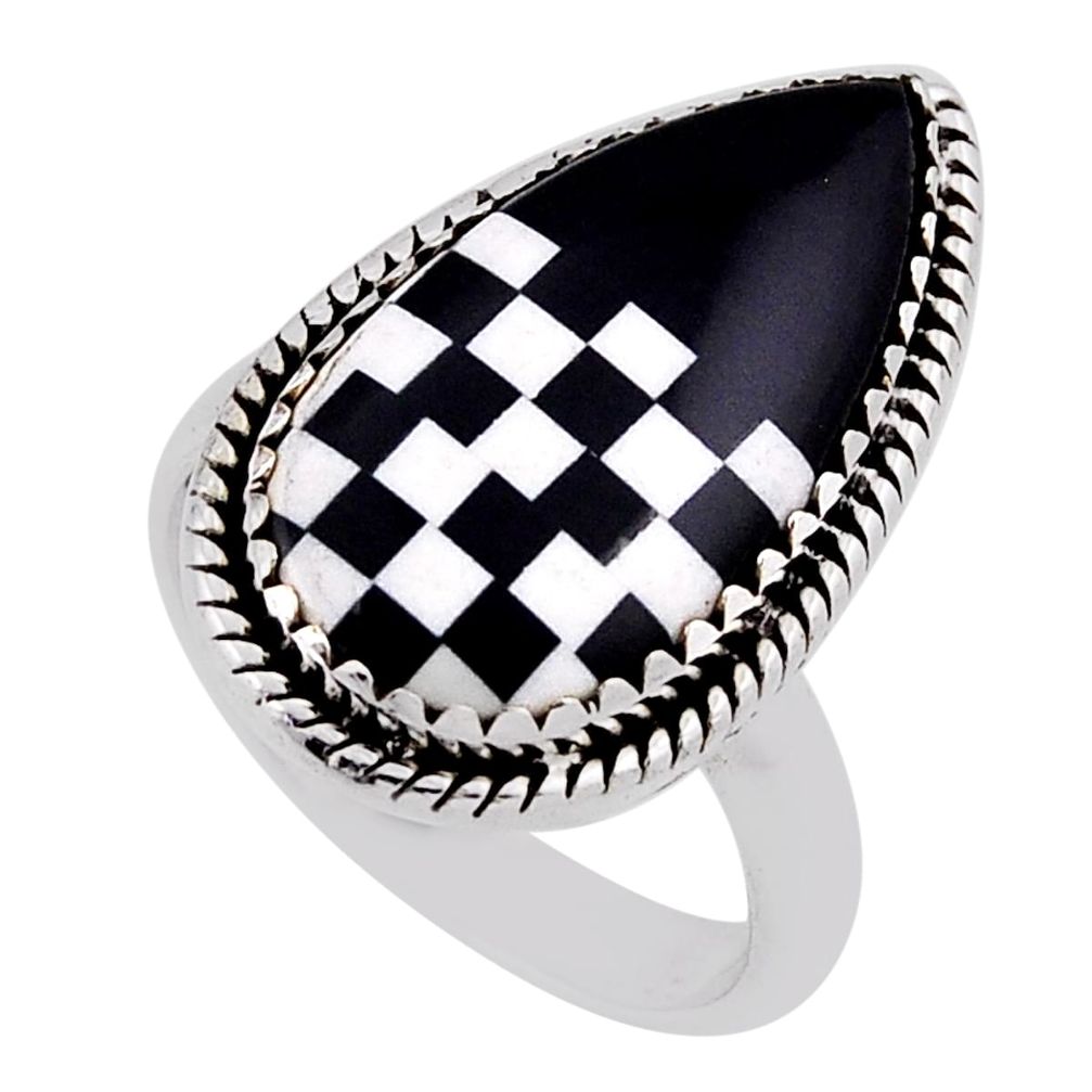 7.00cts checker black white strip opal pear sterling silver ring size 8 n39372