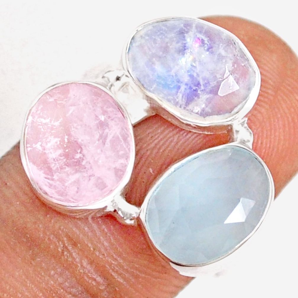 9.86cts checker cut aquamarine moonstone morganite 925 silver ring size 7 t82225