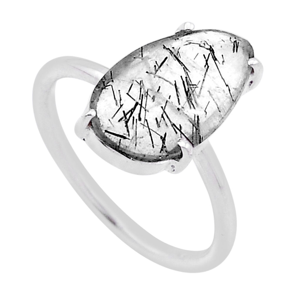 5.20cts checker cut black tourmaline rutile fancy silver ring size 7.5 n48312